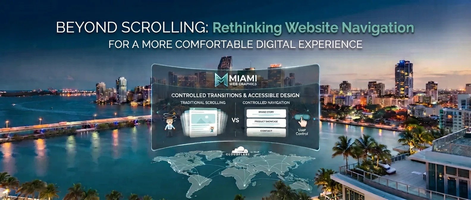 Side-by-side comparison of motion-heavy parallax scrolling and calm section-based navigation