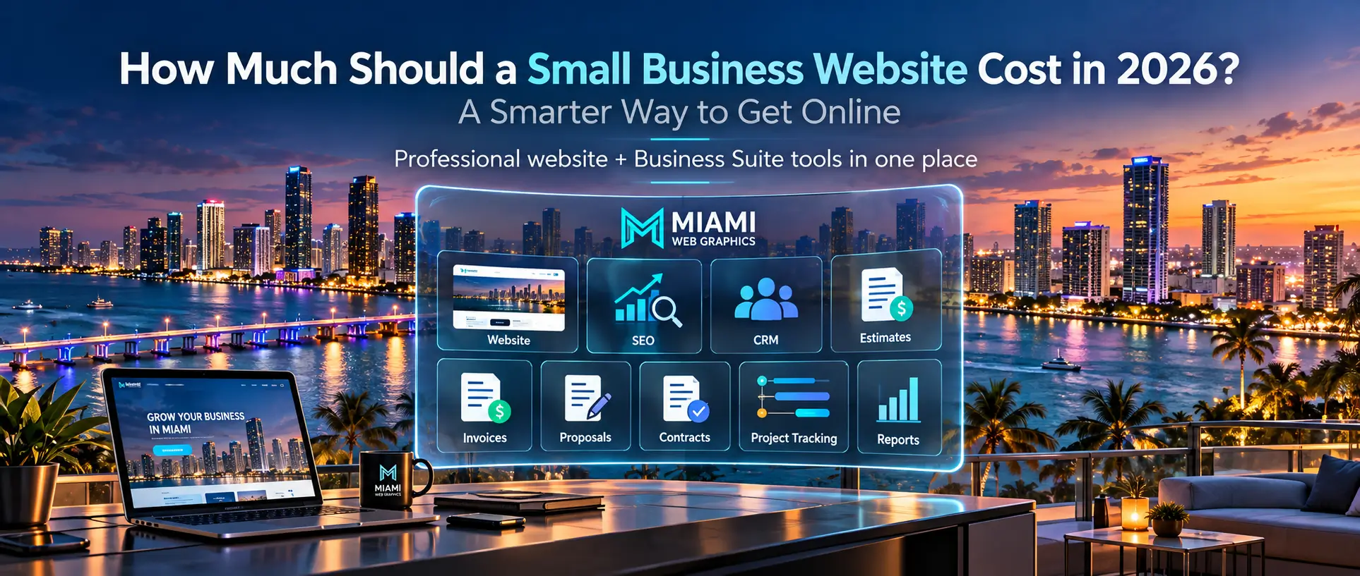 Miami skyline at sunset with a laptop and a floating panel showing Miami Web Graphics Business Suite tools: website, SEO, CRM, estimates, invoices, proposals, contracts, project tracking and reports